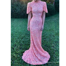 Pink Party Sequin Glitter Short Sleeve Maxi Mermaid Lady Evening Dress